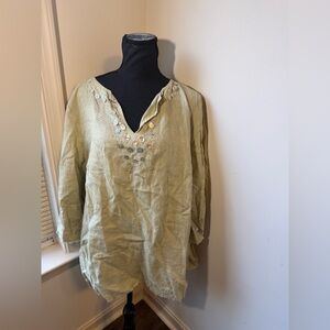 Edward Women Size 3x Tunic Irish Linen Embroidery Bugle Bead Neckline Sea Green